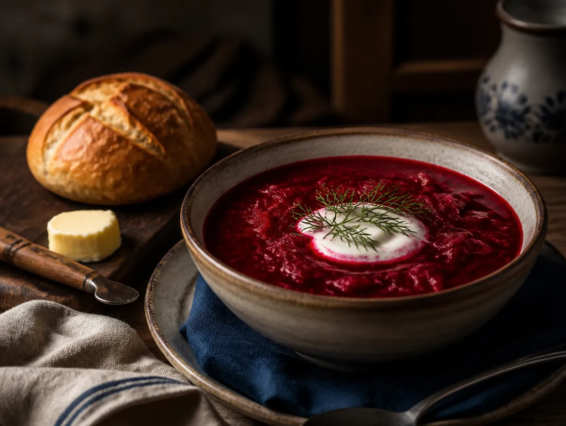 Bowl of borscht with sour cream, dill and a fresh bun