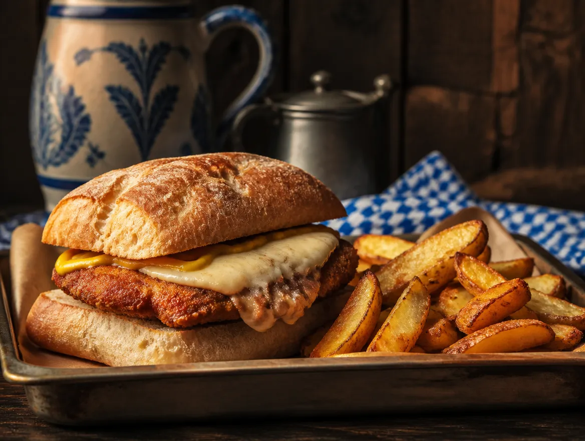 Pork schnitzel sandwich on ciabatta with potato wedges