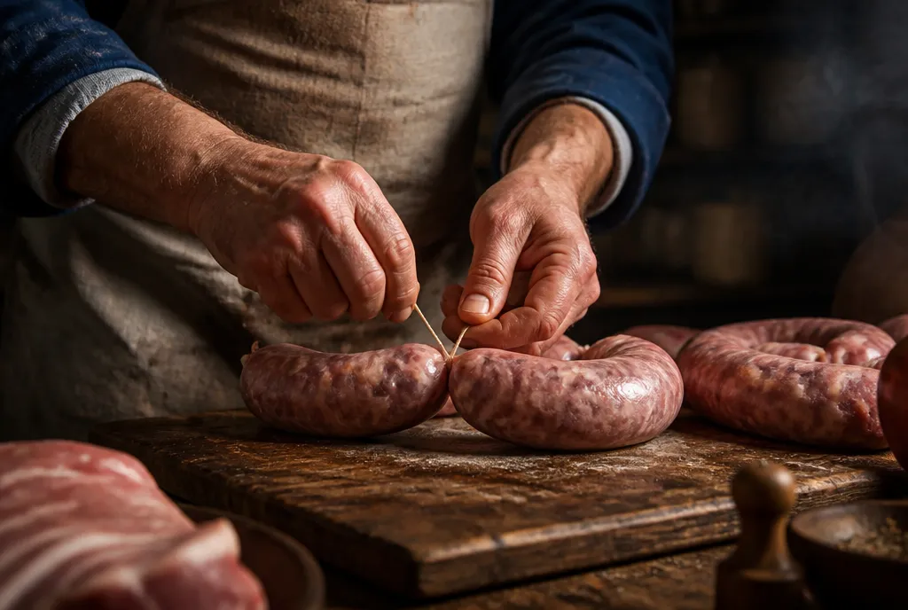 A butcher's hands tying fresh sausage links with twine