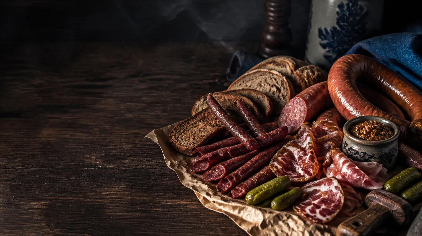 Charcuterie spread of smoked sausage, cured meats, rye bread and mustard on butcher paper